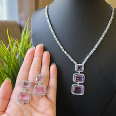 Baby Pink Quartz Necklace Set with Cubic Zirconia - White Gold Plated