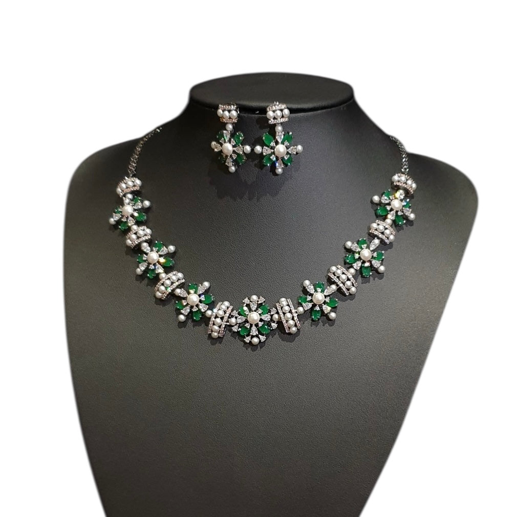 Lab-Grown Emeralds Necklace Set with Cubic Zirconia & Pearls – Black Polish Rhodium Oxidised Finish