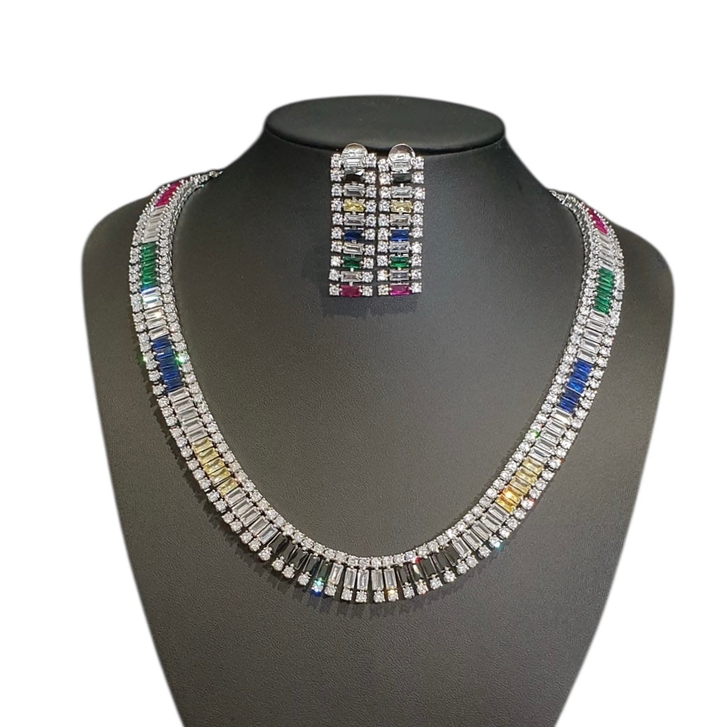 Stunning Multi-Coloured Stones Necklace Set with Cubic Zirconia - White Gold Plated