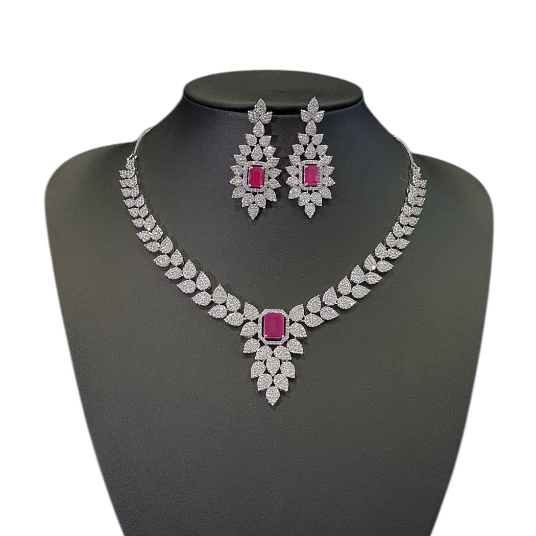 Ruby Necklace Set With Cubic Zirconia - White Gold Plated