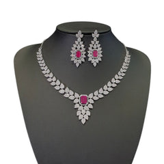 Ruby Necklace Set With Cubic Zirconia - White Gold Plated