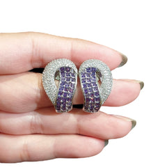 Purple Amethysts Stud Earrings With Cubic Zirconia - White Gold Plated
