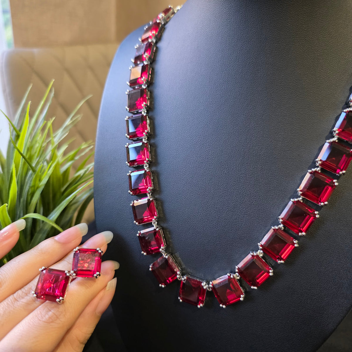 Evie - Red Rubies Necklace Set with Earrings