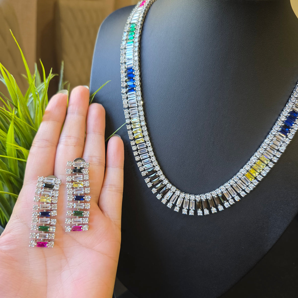 Stunning Multi-Coloured Stones Necklace Set with Cubic Zirconia - White Gold Plated