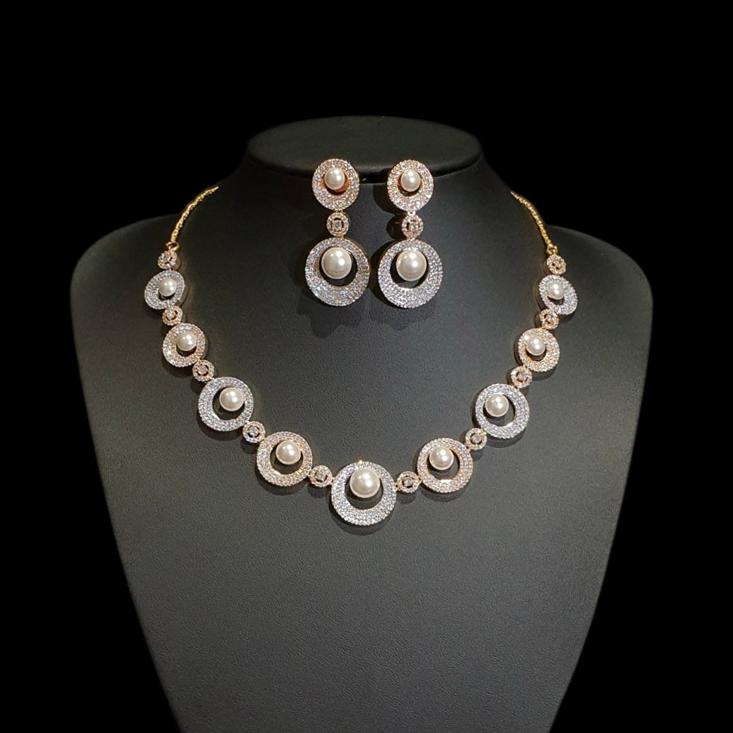 Pearl Necklace Set with Cubic Zirconia – Two-Tone White & Yellow Gold Plated