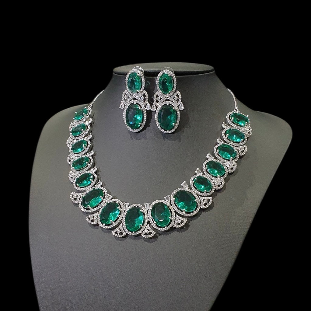 Green Topaz Necklace Set With Cubic Zirconia - White Gold Plated