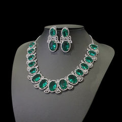 Green Topaz Necklace Set With Cubic Zirconia - White Gold Plated
