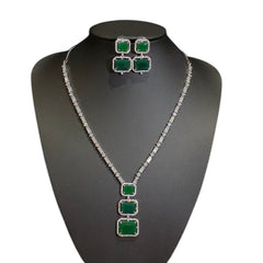 Lab-Grown Emerald Necklace & Earring Set with Cubic Zirconia – White Gold Plated