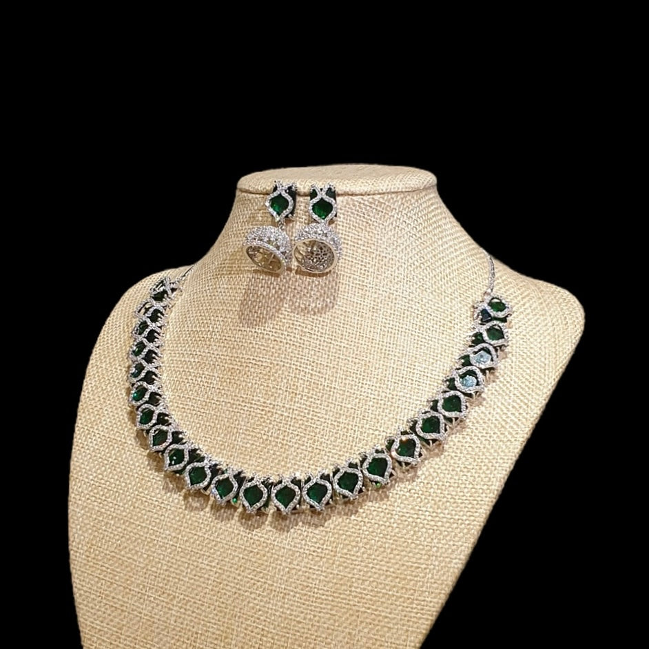 Lab-Grown Emerald Necklace Set – White Gold Plated with Cubic Zirconia