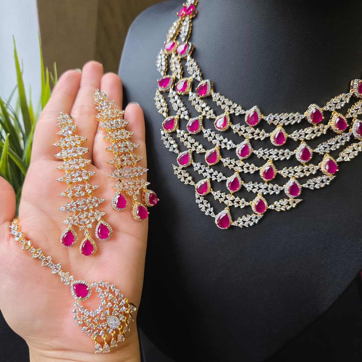 Hollie - Rubies Gold Six Layers Necklace Set with Earrings