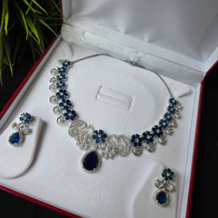 Afi - Floral Sapphire Blue Silver Necklace Set with Earrings