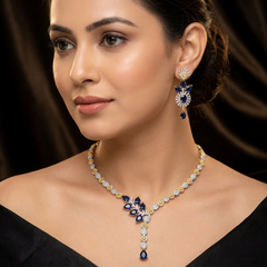 Vina - Blue Sapphires Gold Necklace Set With Earrings