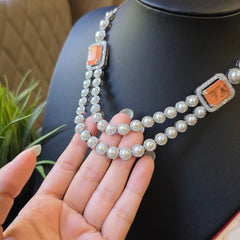 Ivy - Orange Sapphire Double layered Pearls Necklace set with Earrings