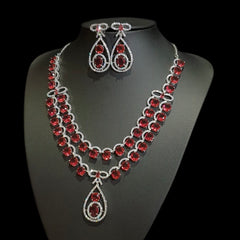 Lab-Grown Red Garnet Necklace Set – White Gold Plated with Cubic Zirconia