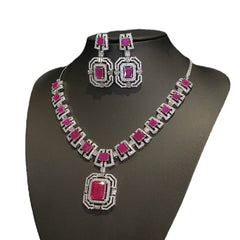 Rubies Necklace Set With Cubic Zirconia - White Gold Plated