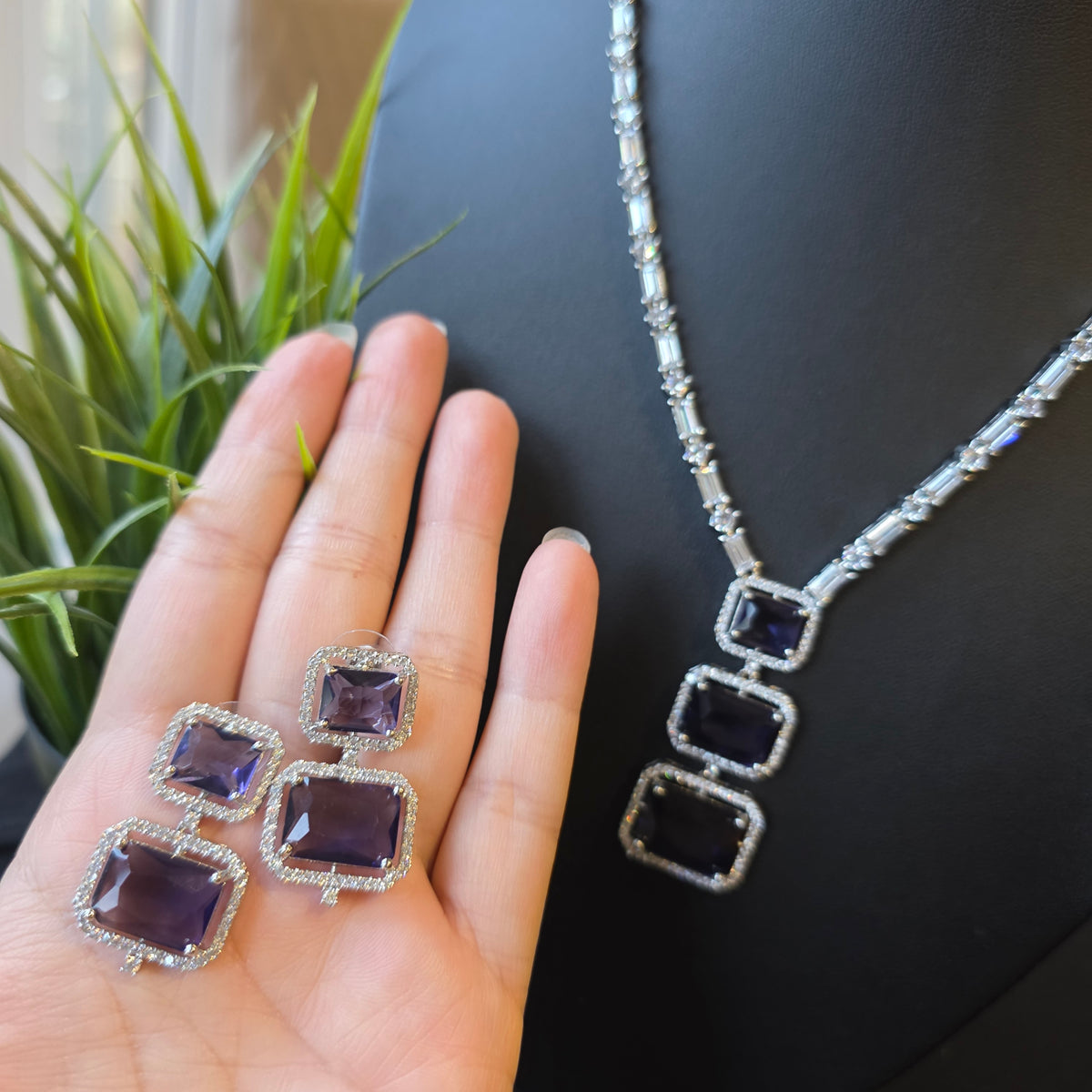 Purple Amethyst Necklace Set with Earrings