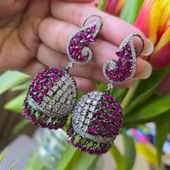 Kaia - Bespoke Ruby Red & White Cubic Zirconia Jhumka Earrings
