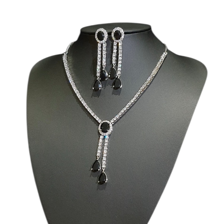 Black Stone Necklace Set with Cubic Zirconia – White Gold Plated