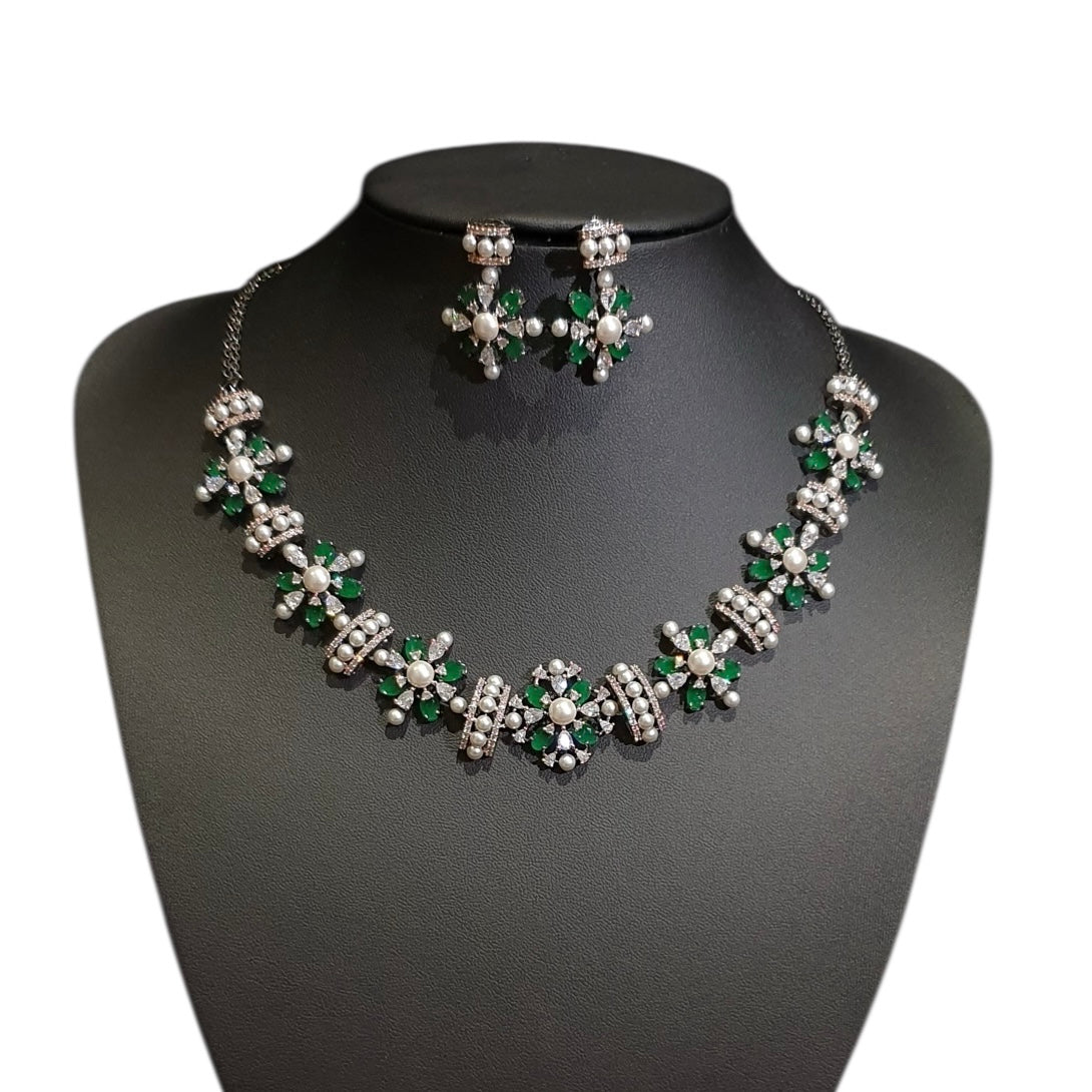 Lab-Grown Emeralds Necklace Set with Cubic Zirconia & Pearls – Black Polish Rhodium Oxidised Finish