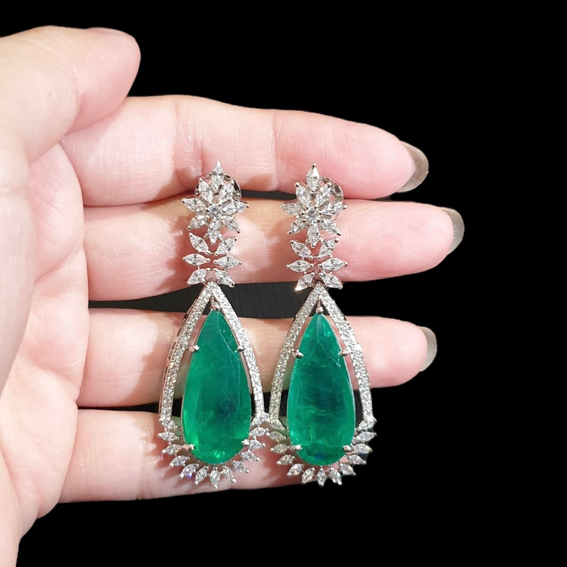 Elegant Green Topaz Earrings With Cubic Zirconia - White Gold Plated
