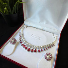 Aria - Timeless Pearls & Sapphires Blue Necklace Set With Earrings