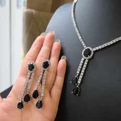 Black Stone Necklace Set with Cubic Zirconia – White Gold Plated