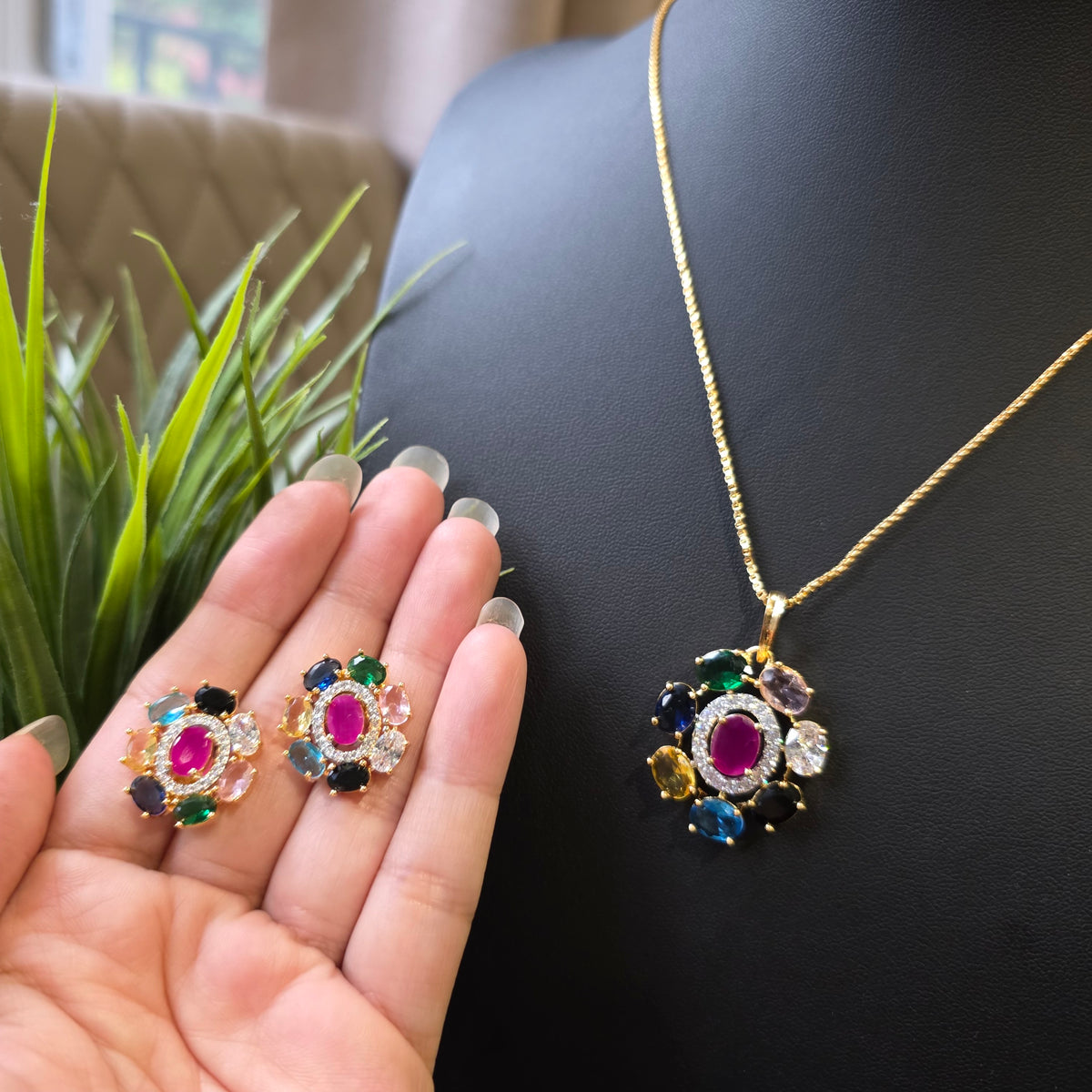 Fern - Gold Gemstones Pendant Necklace Set with Earrings