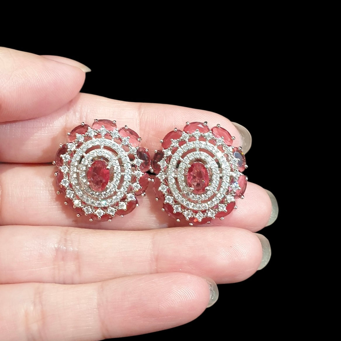 Garnet Red Stud Earrings with Cubic Zirconia - White Gold Plated