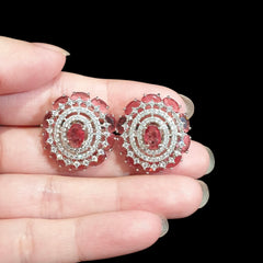 Garnet Red Stud Earrings with Cubic Zirconia - White Gold Plated