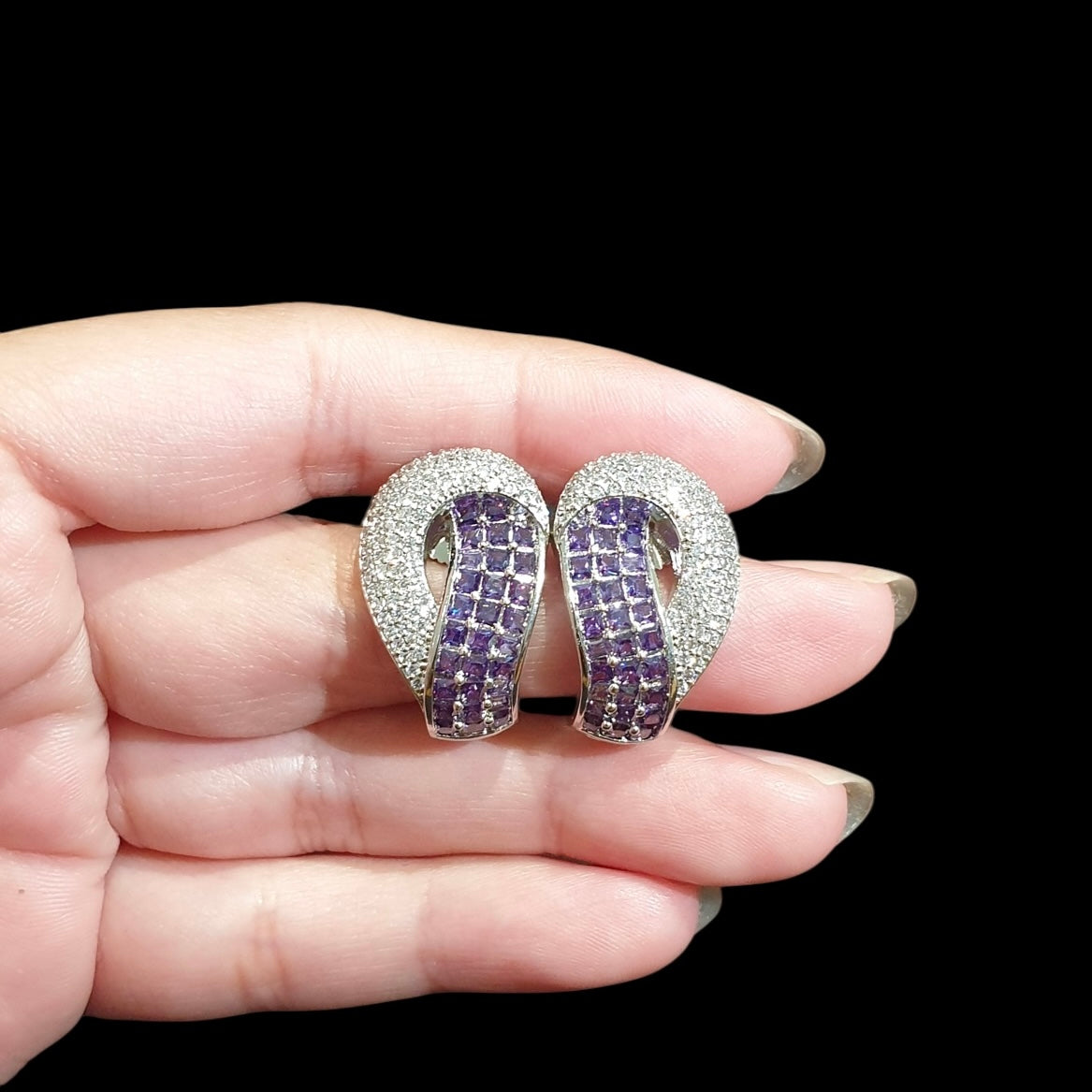 Purple Amethysts Stud Earrings With Cubic Zirconia - White Gold Plated