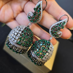 Kaia - Bespoke Emerald Green & White Cubic Zirconia Jhumka Earrings