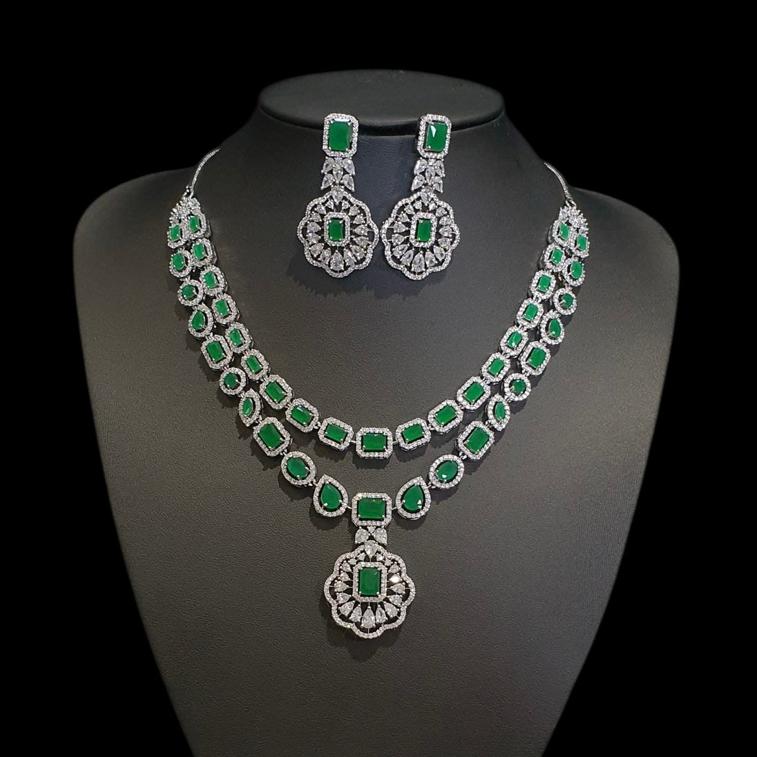 Lab-Grown Emeralds Necklace Set with Cubic Zirconia - White Gold Plated