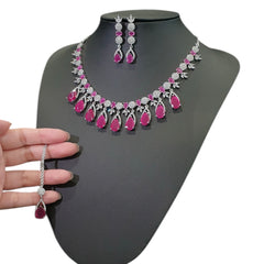 Ruby Necklace Set With Cubic Zirconia - White Gold Plated