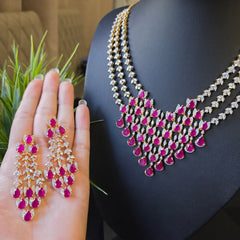 Lina - Rubies Gold Three Layers Necklace Set with Earrings