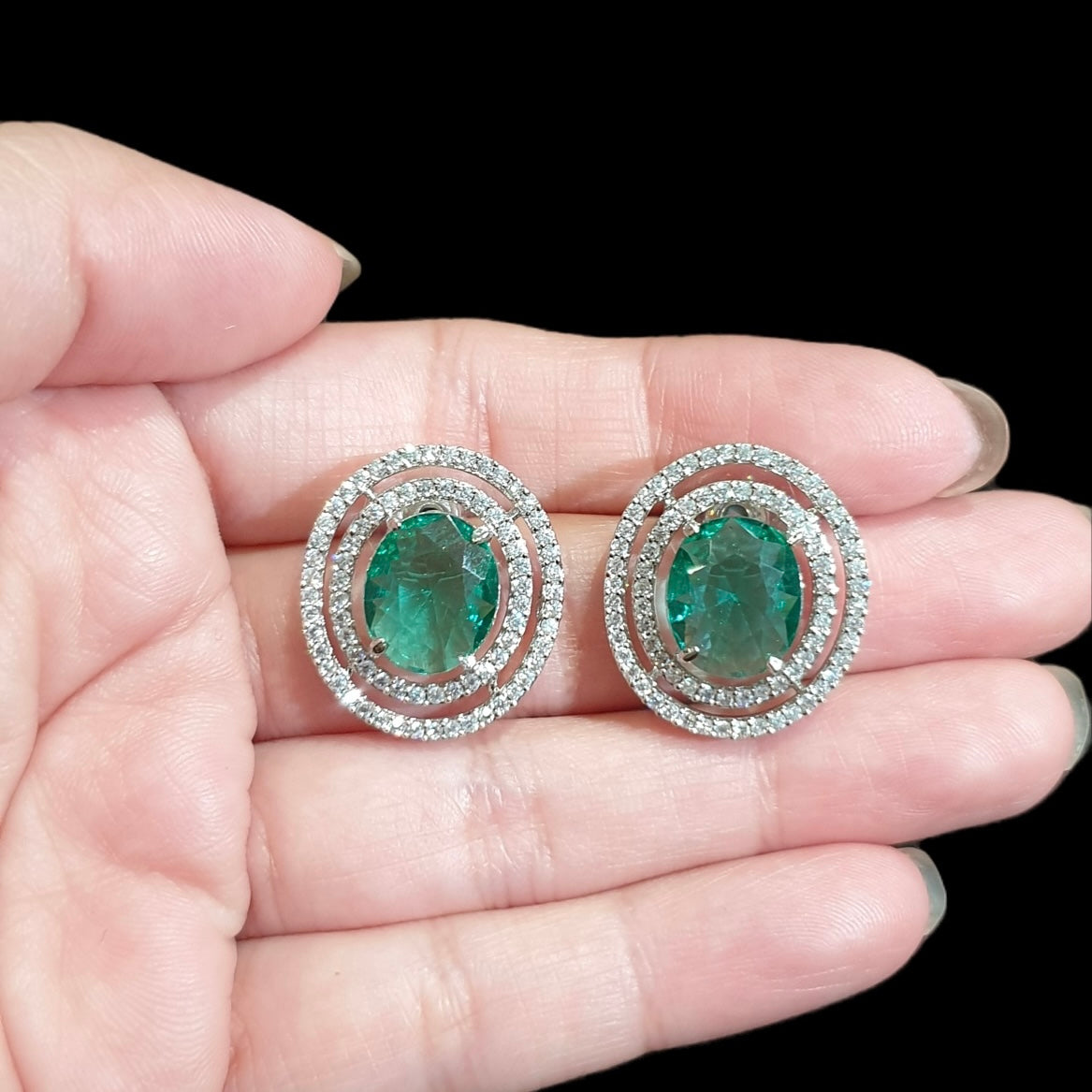 Green Topaz Stud Earrings With Cubic Zirconia - White Gold Plated