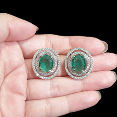Green Topaz Stud Earrings With Cubic Zirconia - White Gold Plated