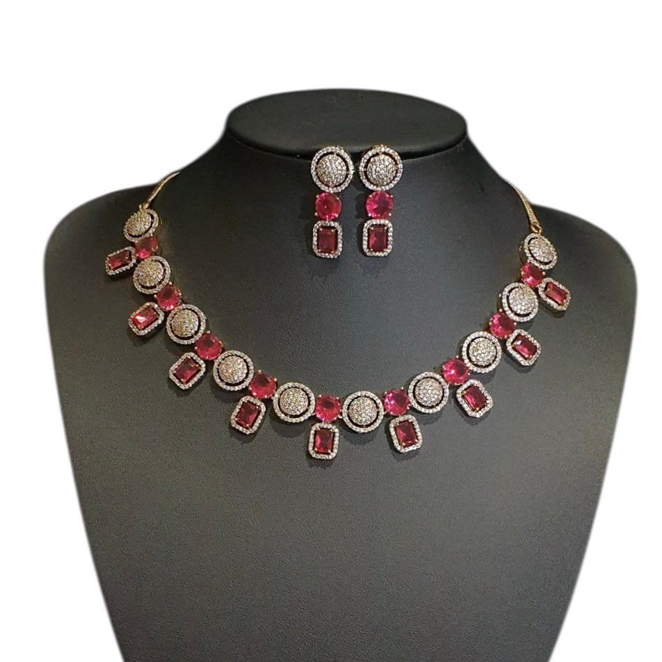 Elegant Garnets Necklace Set with Cubic Zirconia - Dull Gold Plated