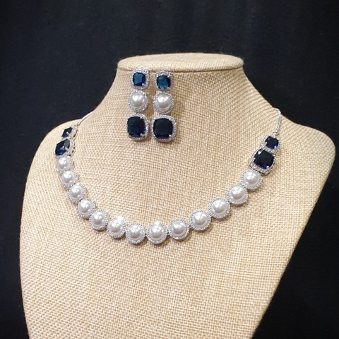 Pearl Necklace Set with Blue Sapphire