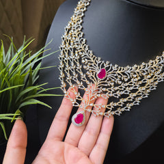Linda - Gold Rubies Statement Necklace Set with Earrings & Tika