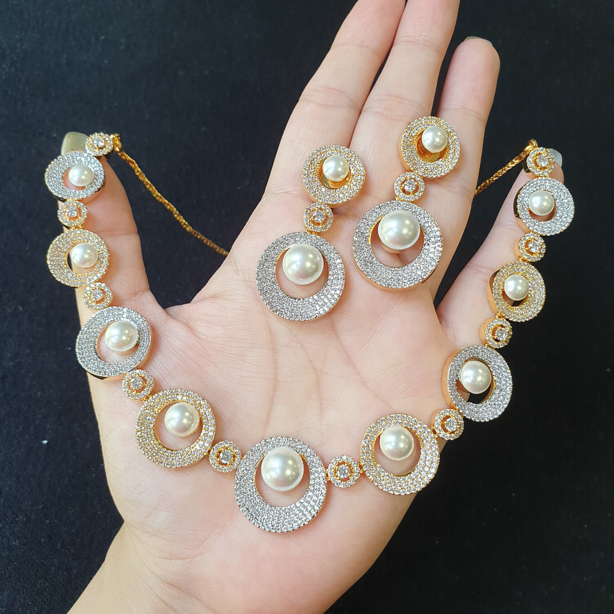 Pearl Necklace Set with Cubic Zirconia – Two-Tone White & Yellow Gold Plated