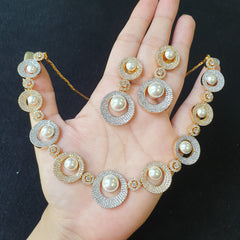 Pearl Necklace Set with Cubic Zirconia – Two-Tone White & Yellow Gold Plated