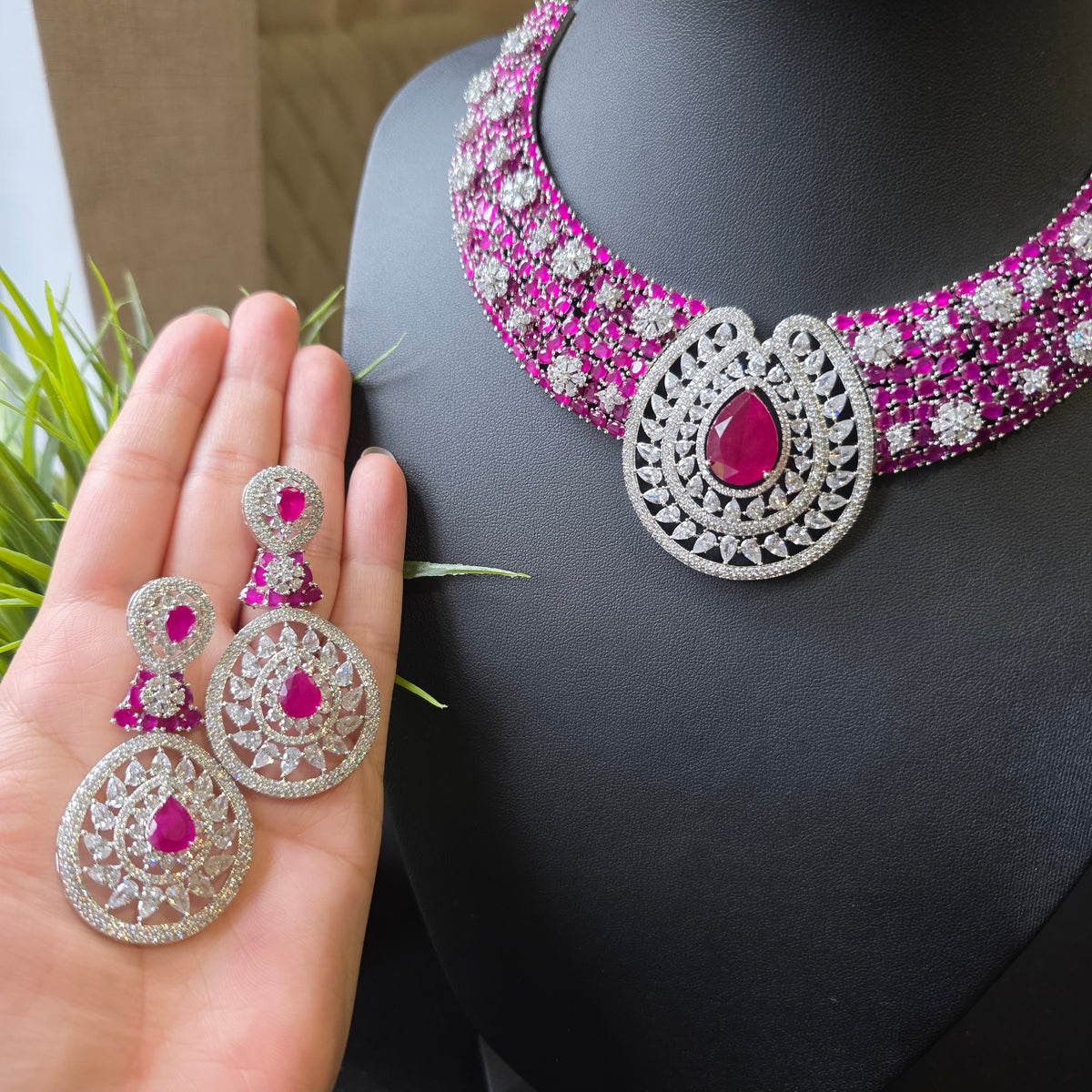 Maya - Rubies Statement Necklace Set with Earrings