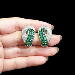 Stunning Emerald Green Stud Earrings with Cubic Zirconia - White Gold Plated
