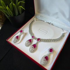 Clara - Ruby Red Silver Necklace Set with Earrings