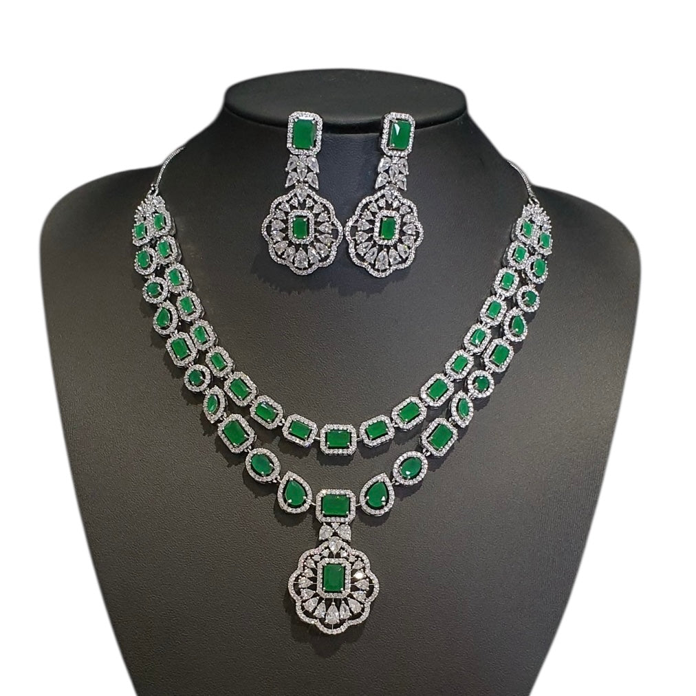 Lab-Grown Emeralds Necklace Set with Cubic Zirconia - White Gold Plated