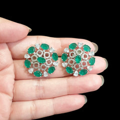 Lab-Grown Emerald Stud Earrings with Cubic Zirconia - White Gold Plated