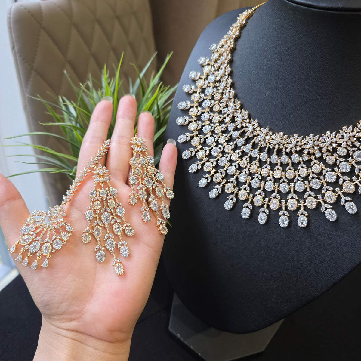 Ember - Dazzling Gold & Silver Cubic Zirconia Necklace Set with Earrings and Tikkan