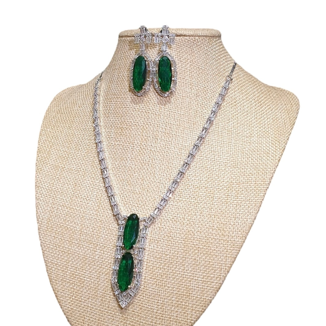 Lab-Grown Emerald Necklace Set – White Gold Plated with Cubic Zirconia