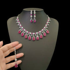 Ruby Necklace Set With Cubic Zirconia - White Gold Plated