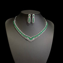 Emerald Green Necklace Set with Cubic Zirconia – White Gold Plated